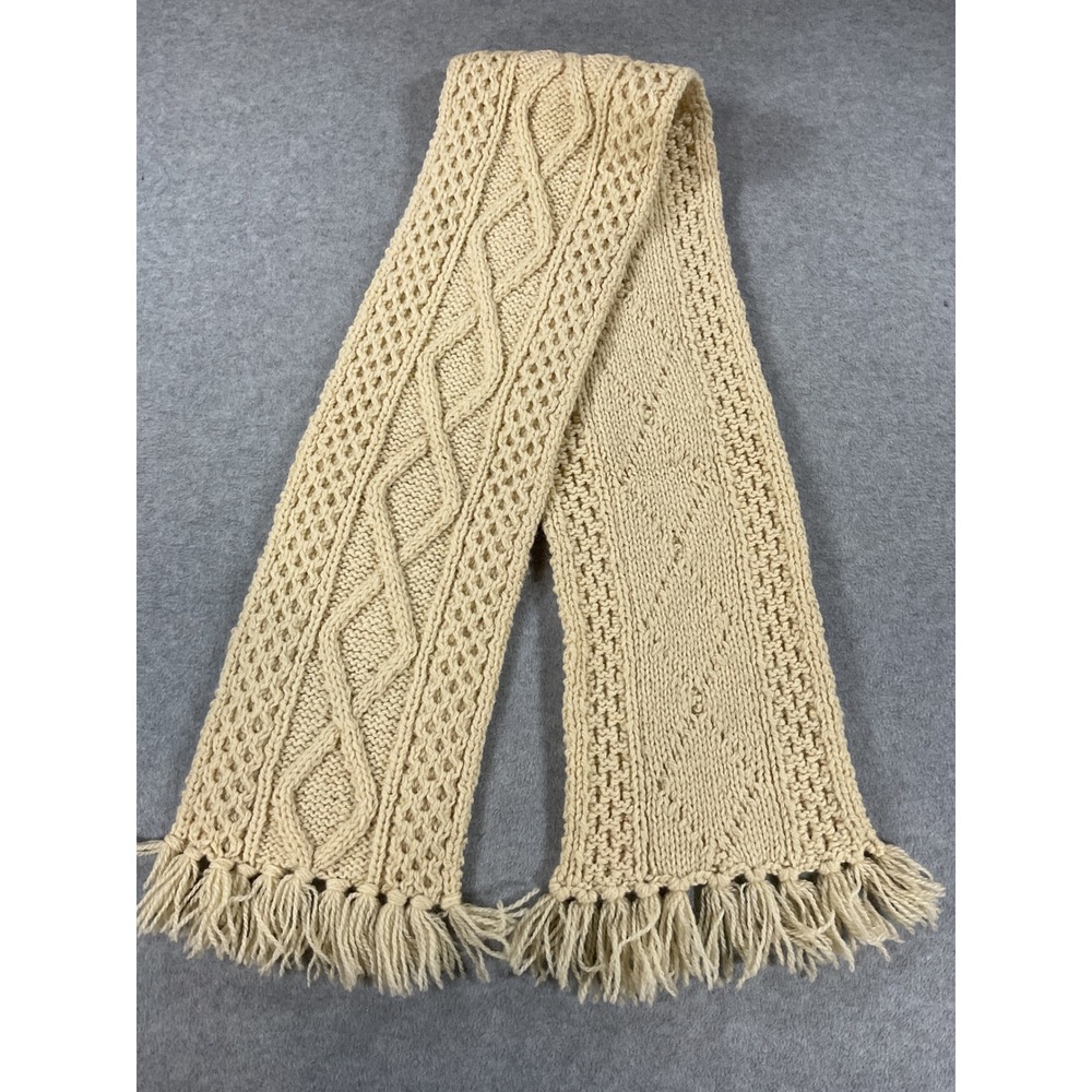 Loch Garman Ireland Pure New Wool Hand Fisherknit Aran Cable Scarf Cream 2739